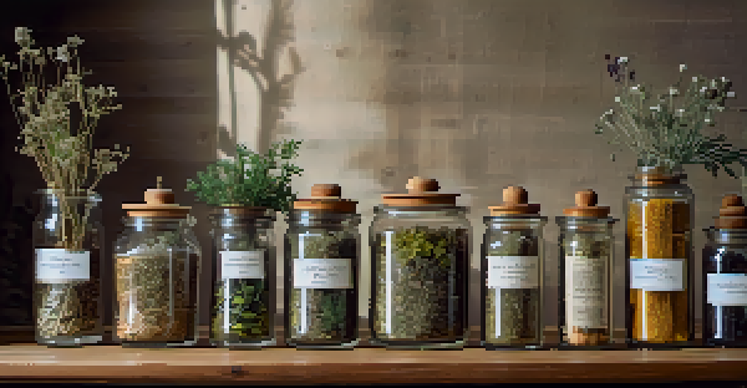 A wooden table with glass jars of dried medicinal herbs, each labeled, set against a blurred backdrop of a herbal apothecary.