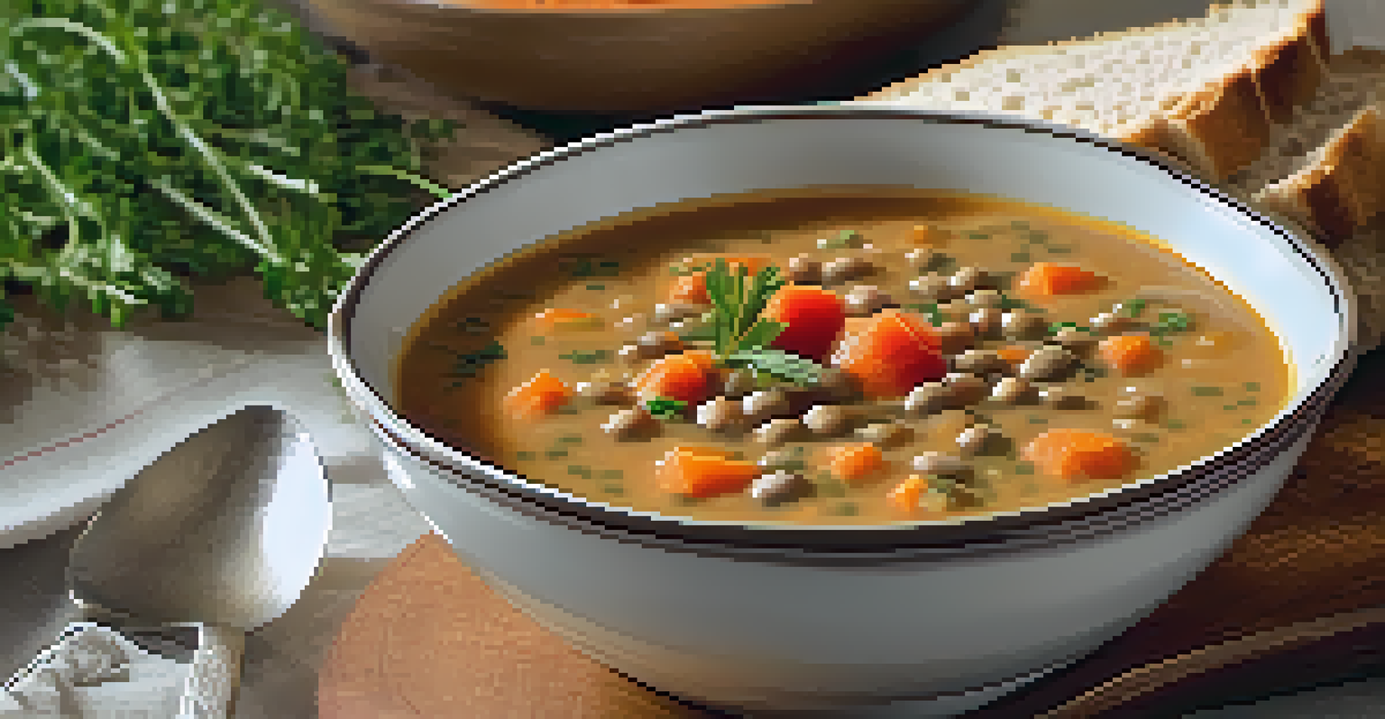 A bowl of lentil soup with vegetables and herbs, accompanied by a slice of whole-grain bread in a cozy kitchen setting.