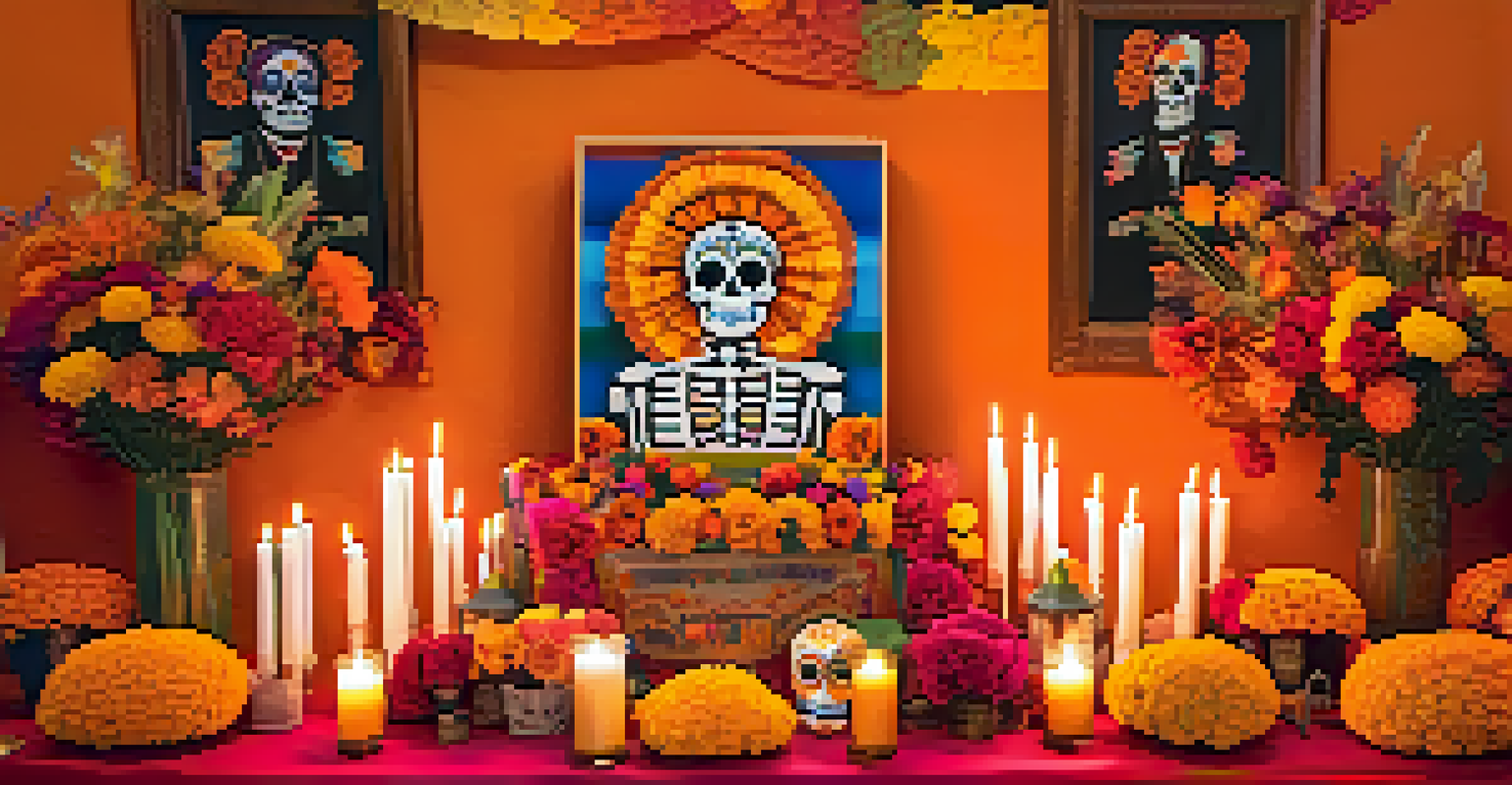 A Día de los Muertos altar with marigold flowers, candles, and colorful decorations.
