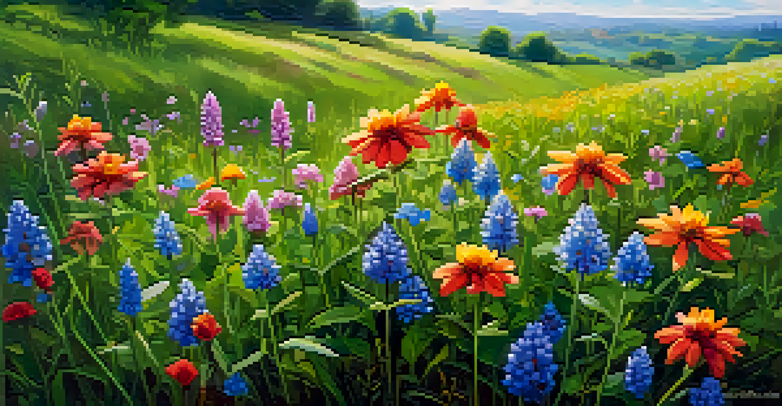 A cluster of colorful wildflowers in a green field with a bright blue sky and soft bokeh background.