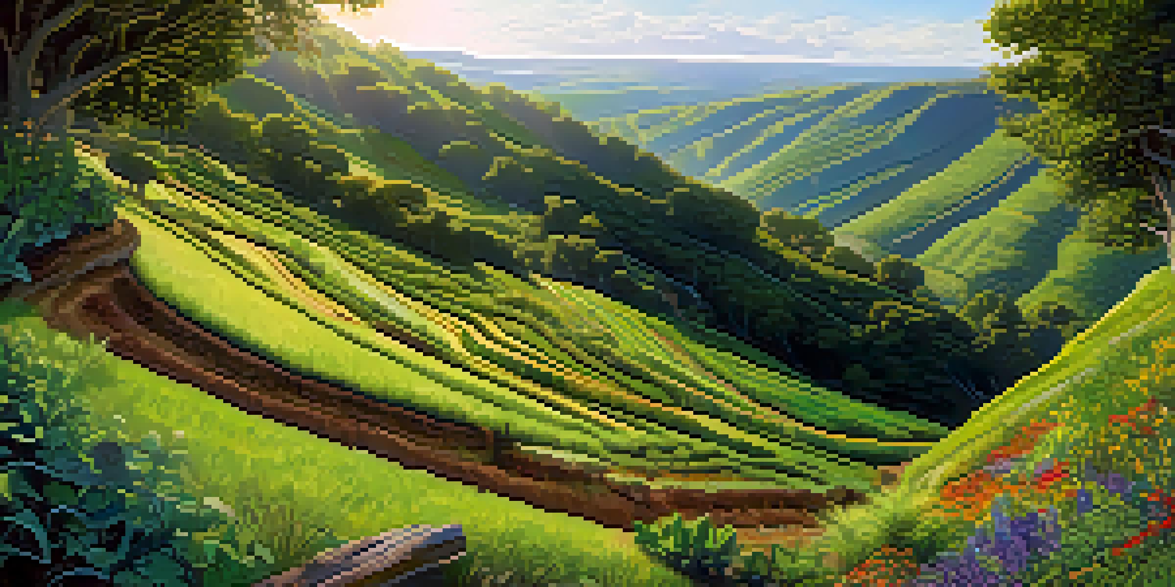 A peaceful permaculture landscape with swales on a hillside, diverse plants, and sunlight filtering through trees.