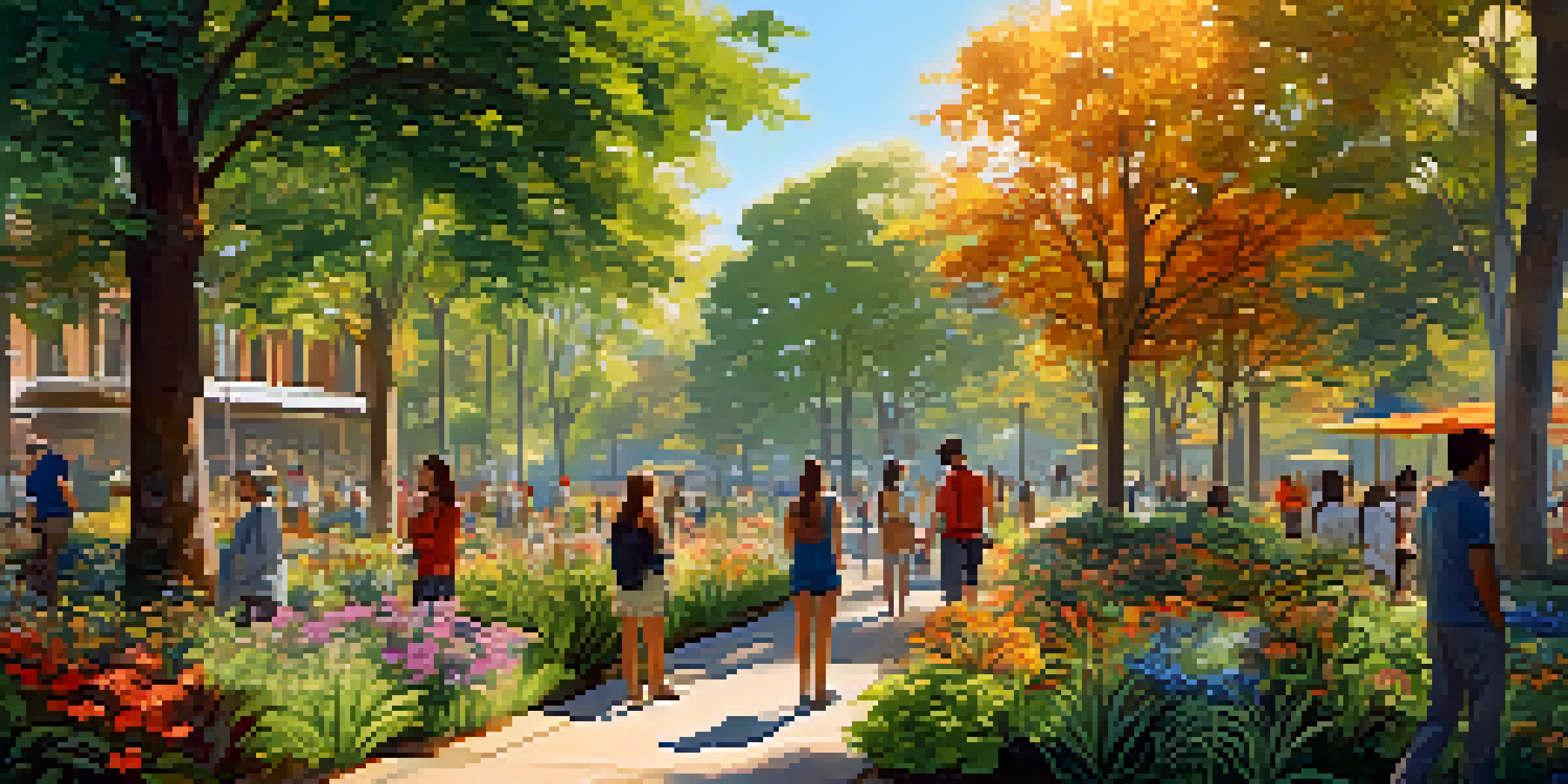 A lively urban park showcasing a variety of plants and trees under bright sunlight, filled with people enjoying nature.