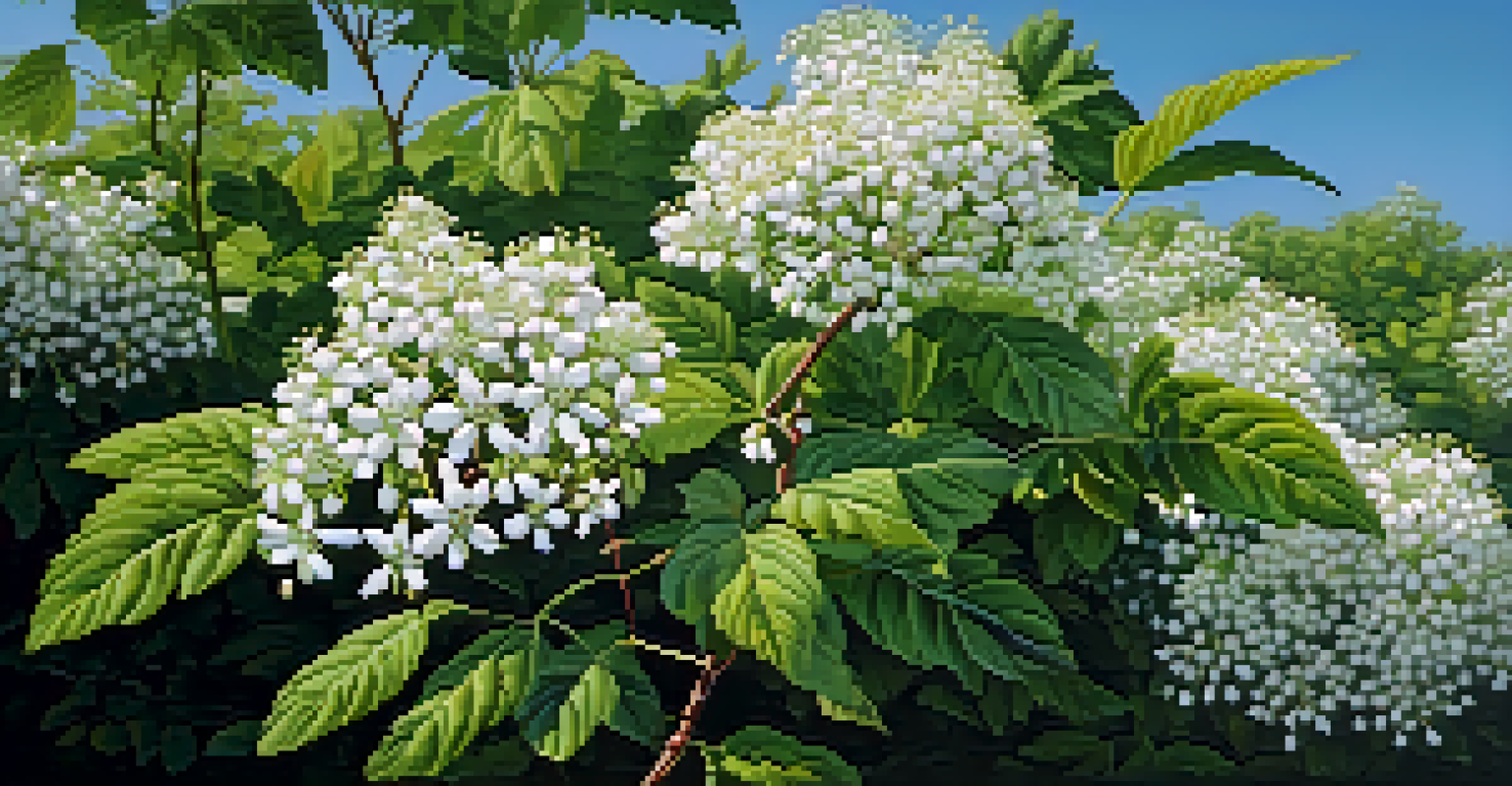 Elderberry shrub with white flowers and dark berries, attracting birds in a lush garden.