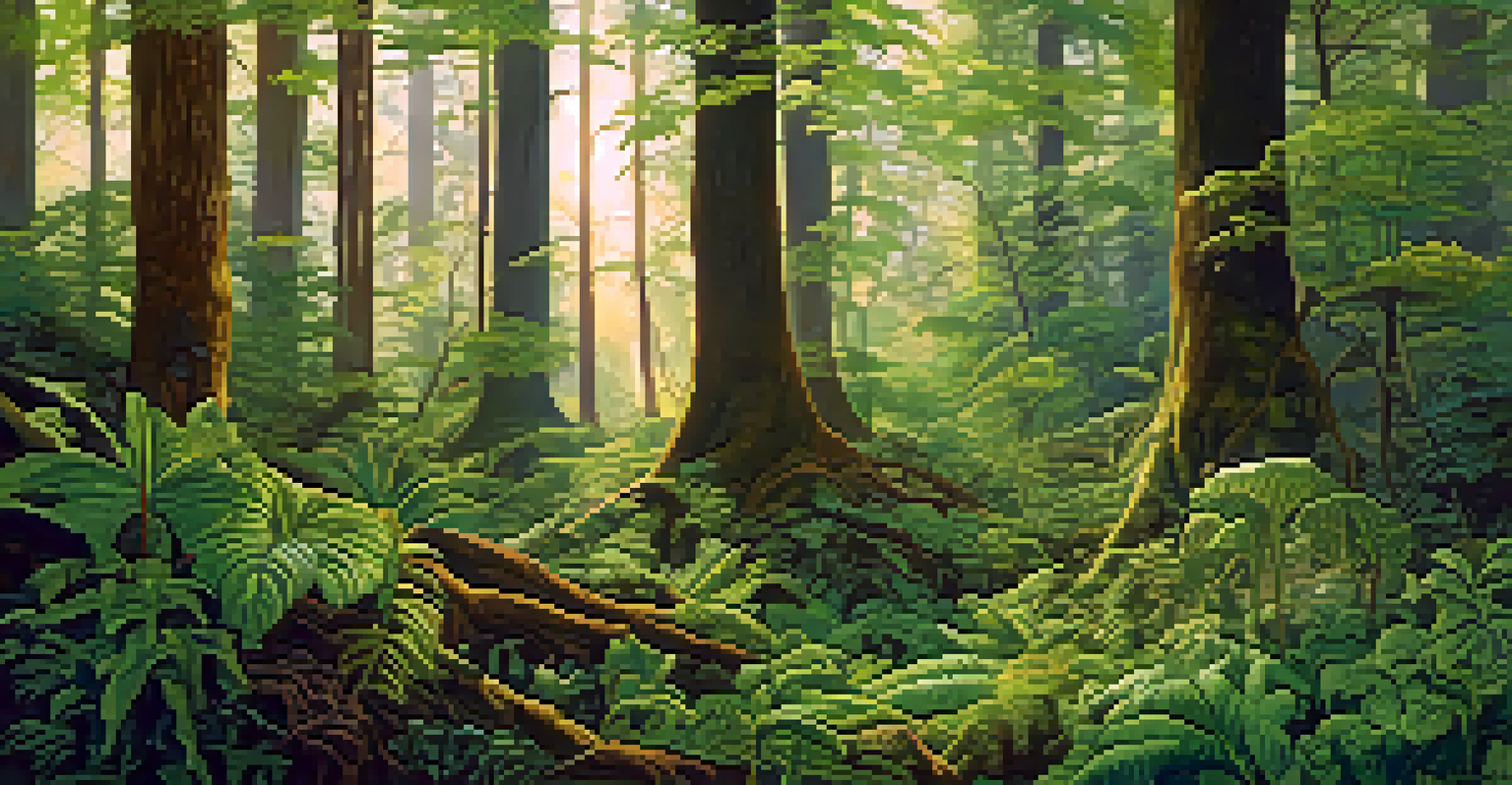 Lush forest ecosystem showing diverse plants with exposed roots connected to mycorrhizal fungi, under dappled sunlight.