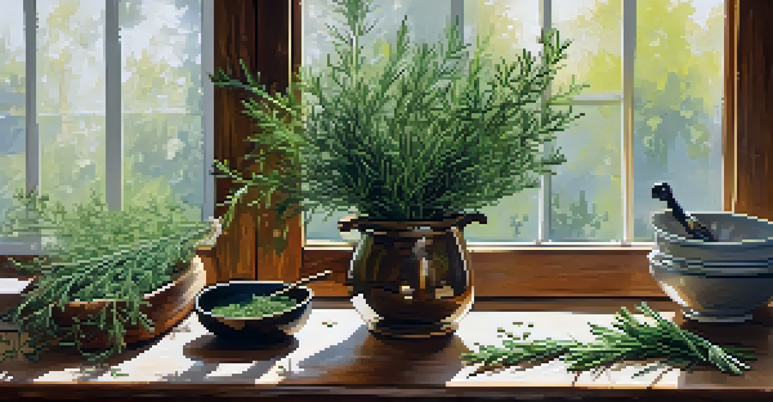 Freshly harvested herbs on a wooden table with a knife and a bowl of olive oil.
