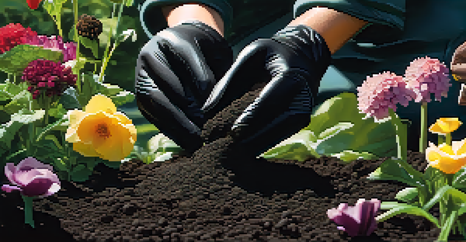 A close-up of hands planting seeds in soil in a botanical garden, surrounded by blooming flowers and plants.