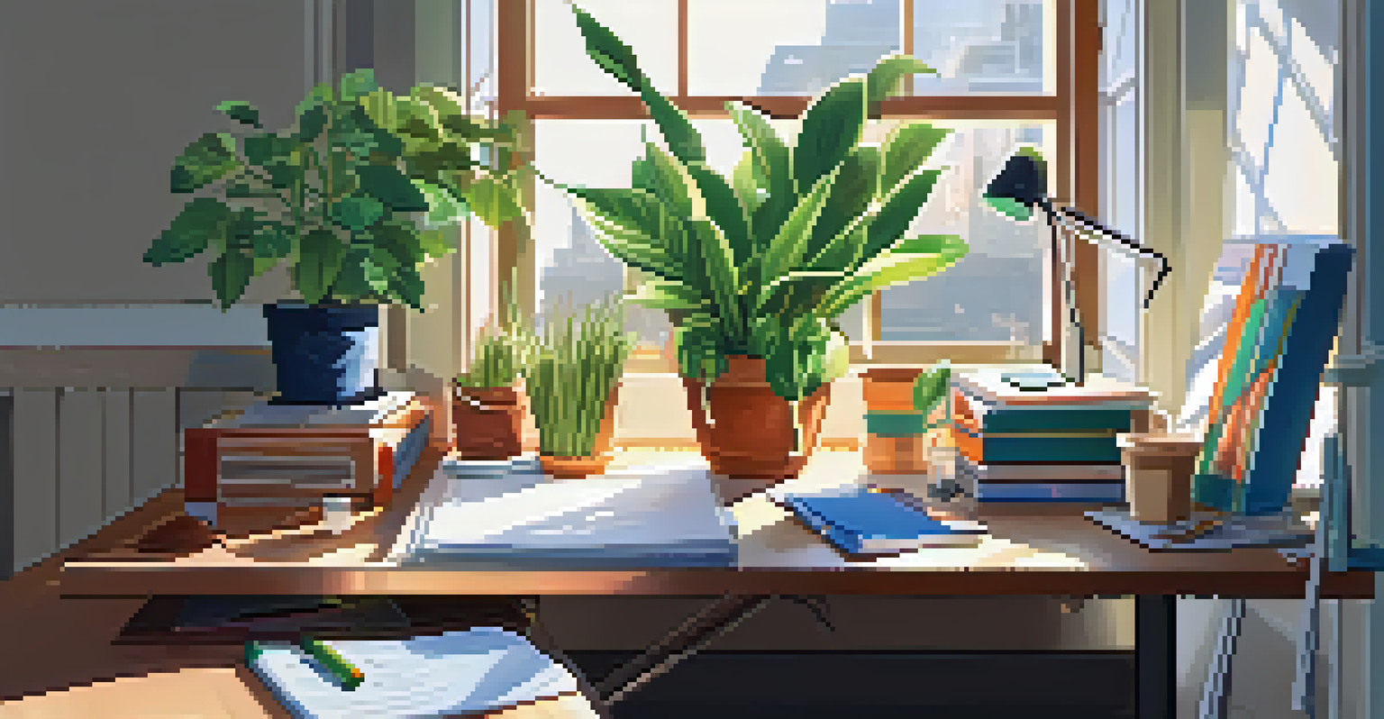 An indoor workspace with a desk decorated with a snake plant and pothos plant, illuminated by sunlight.