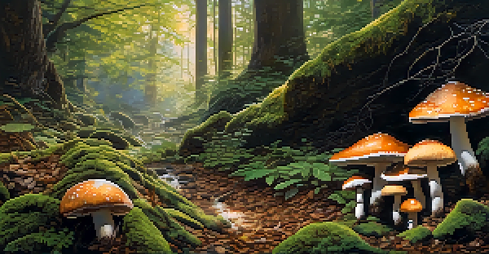 Close-up view of a forest floor with decaying leaves, mushrooms, and fungi, illuminated by sunlight.