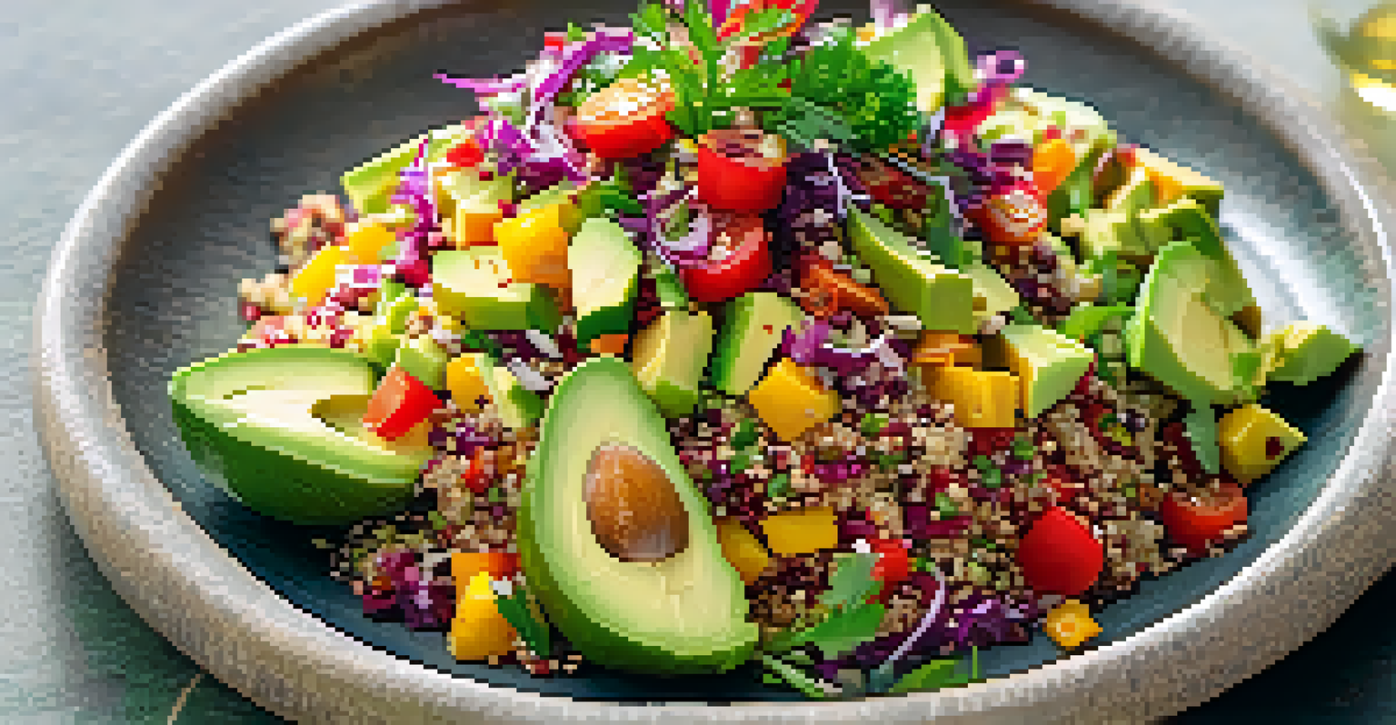 A close-up of a quinoa salad with fresh vegetables and avocado, beautifully presented in natural sunlight.