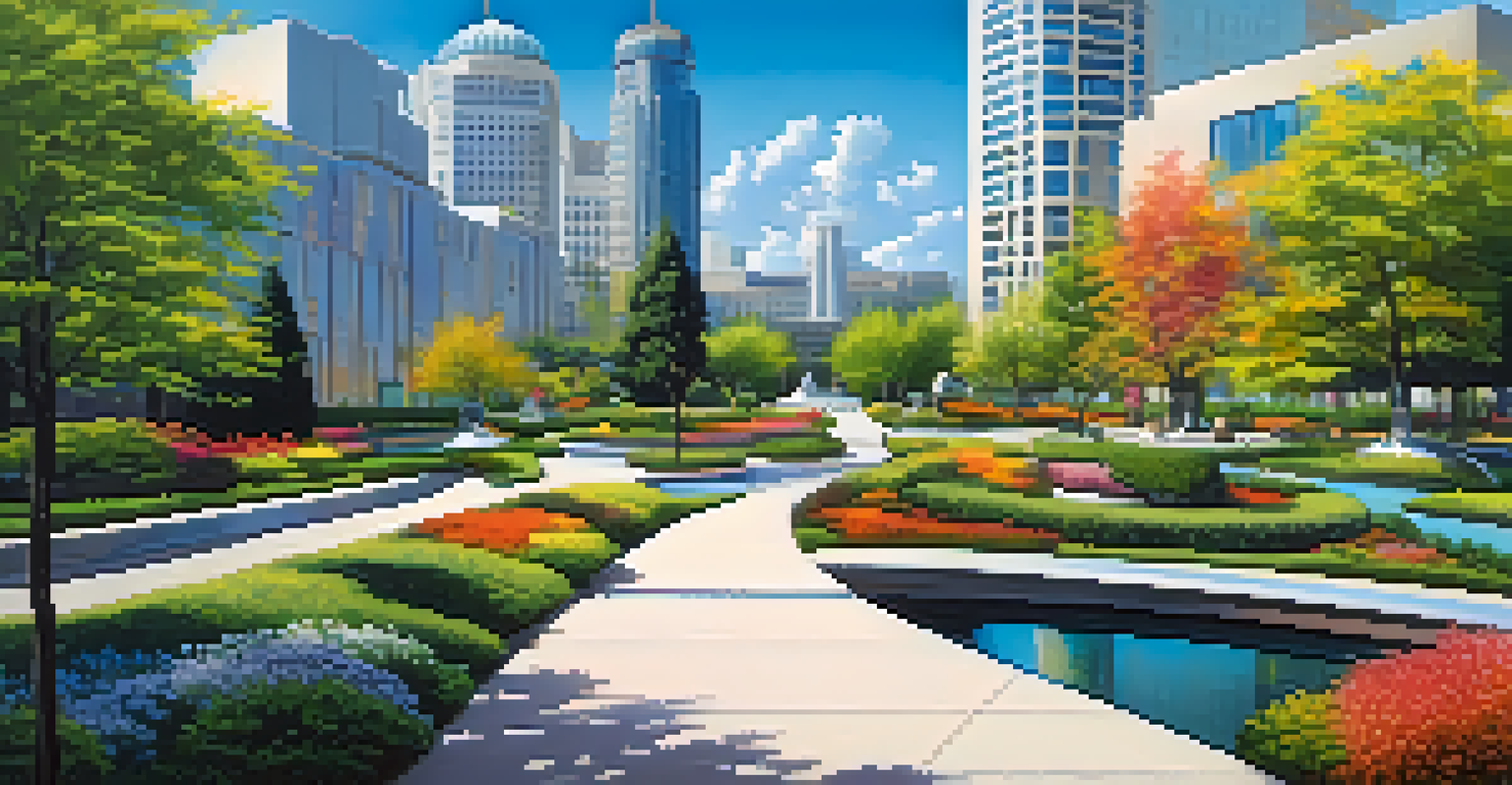 An urban park with a winding pathway, colorful shrubs, and sculptures, set against modern buildings under a blue sky.