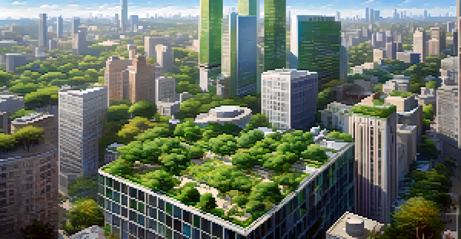 An aerial view of a city with green rooftops and parks among tall buildings.