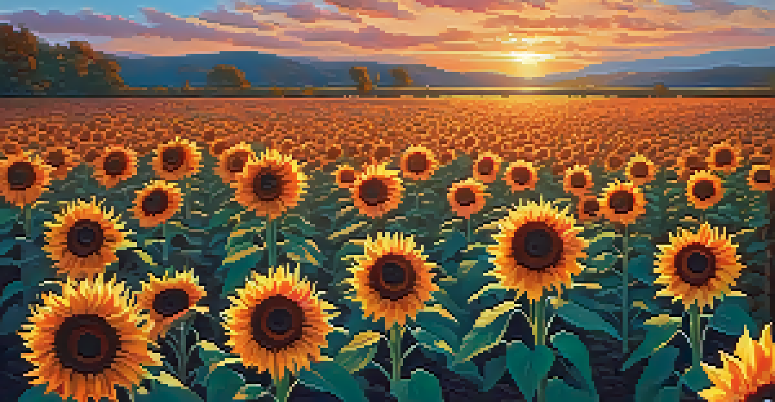 A field of sunflowers under a colorful sunset, showcasing their vibrant golden colors against a warm sky.