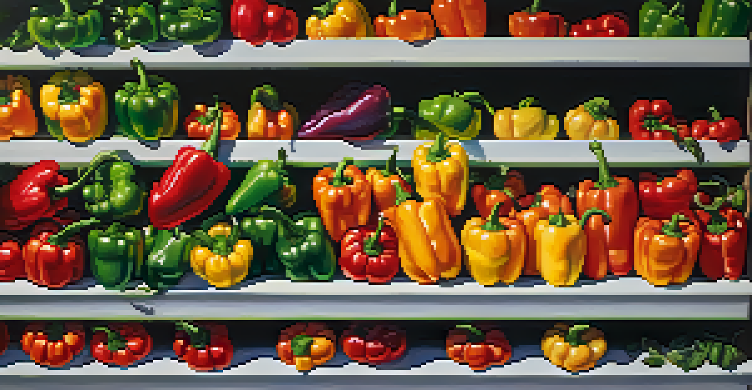A vibrant vertical garden featuring an assortment of colorful hydroponic peppers in various stages of ripeness.