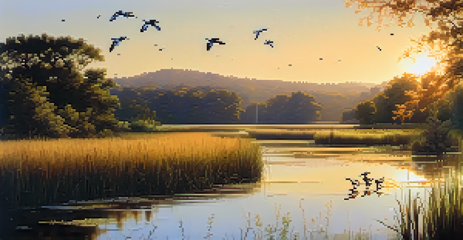 A landscape showing diverse ecosystems including a wetland, forest, and fields at sunset, highlighting the importance of biodiversity.