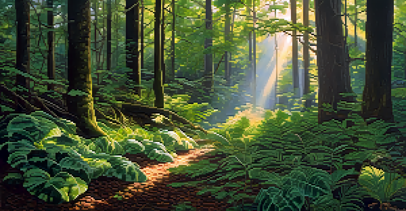 A vibrant forest scene showcasing diverse plants connected by mycorrhizal networks under sunlight.