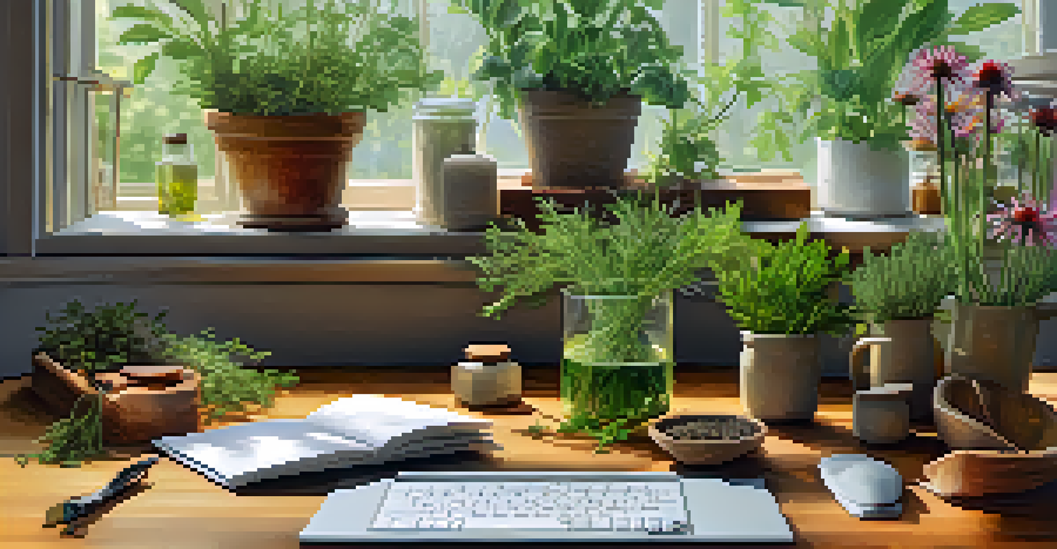 A contemporary herbalist's workspace with fresh herbs, an open laptop, and dried herb jars, illuminated by natural light.