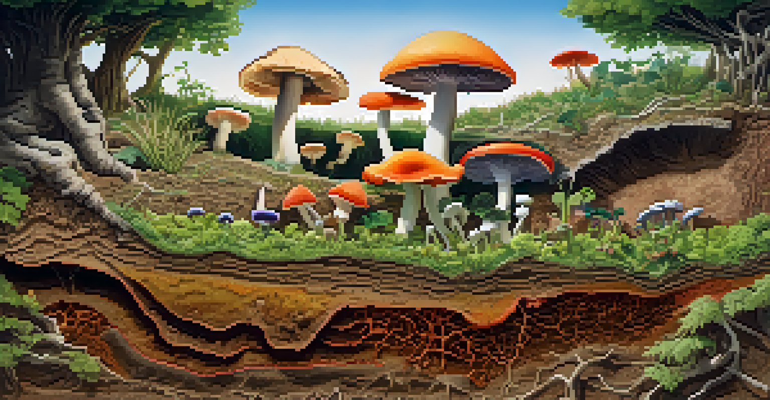 Artistic representation of soil layers with colorful fungi breaking down organic matter, showcasing the connection to healthy plant growth.