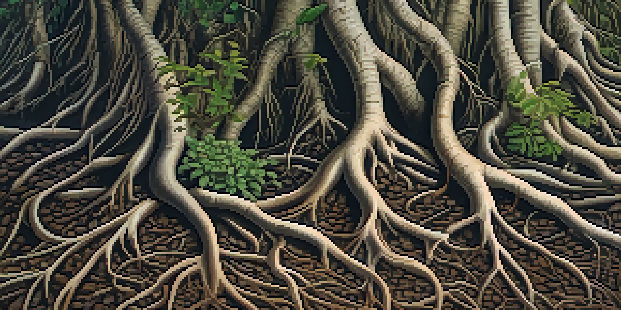 Close-up view of various plant roots, including fibrous and taproots, with detailed textures and surrounding soil illuminated by soft sunlight.