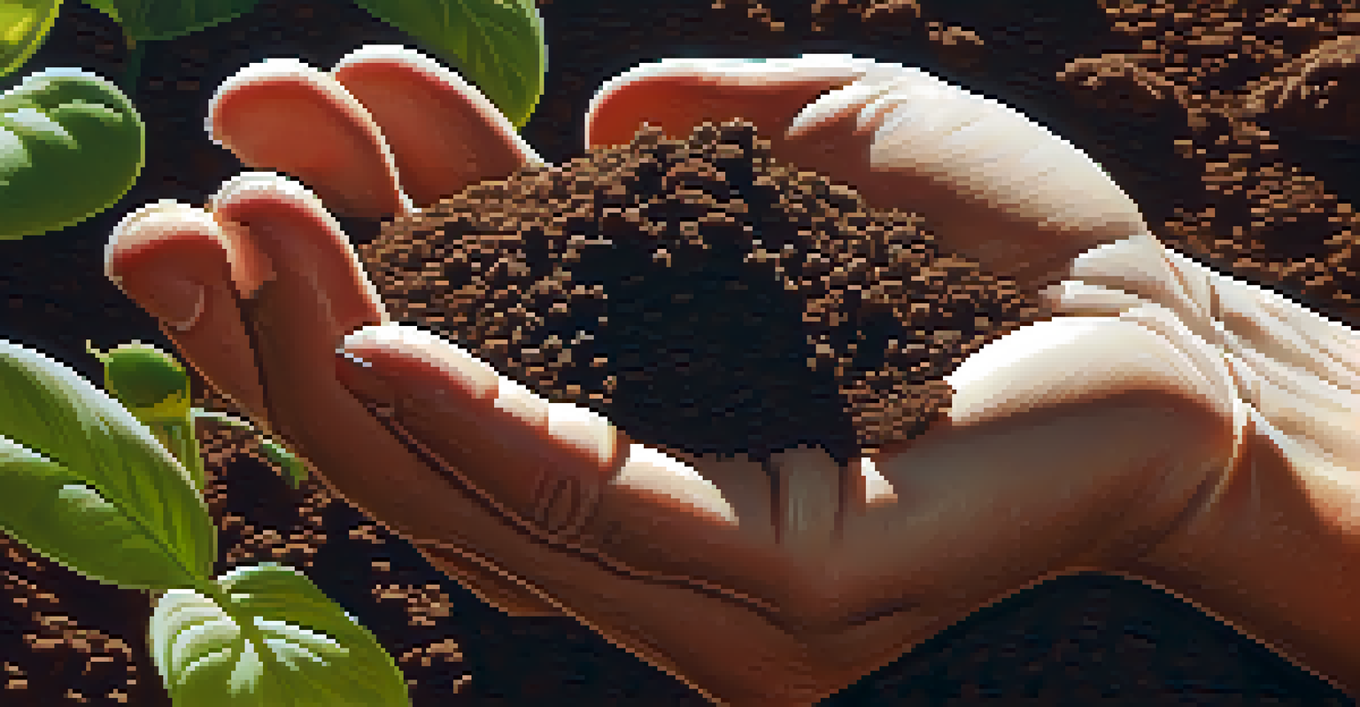 A close-up of a hand holding rich soil filled with organic matter, with a blurred garden scene in the background.