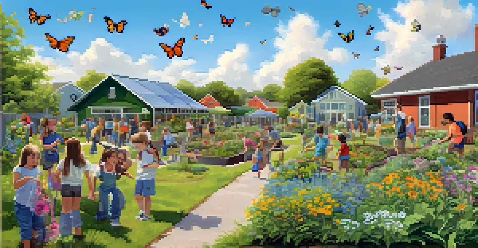 A community garden with people planting native flowers and butterflies flying around on a sunny day.