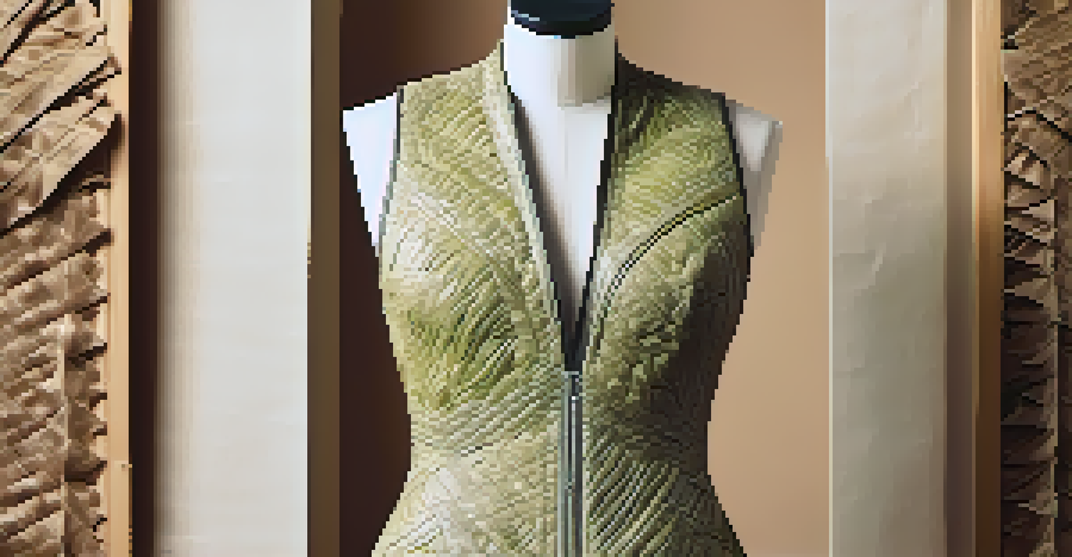 A close-up of a stylish outfit made from Piñatex with intricate textures, displayed on a wooden mannequin in natural light.