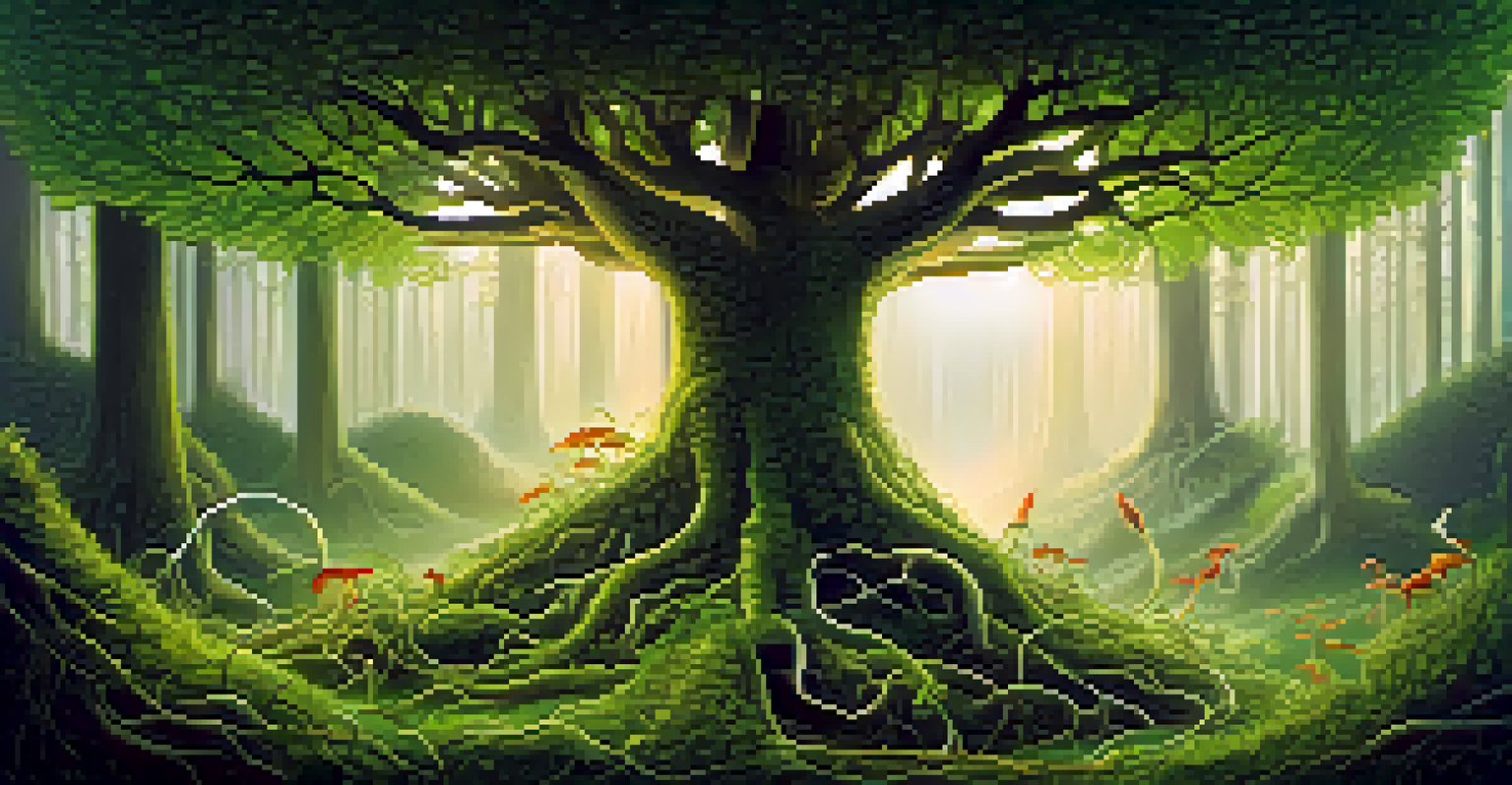 An ecological illustration showing the relationship between plants, mycorrhizal fungi, and the food web.