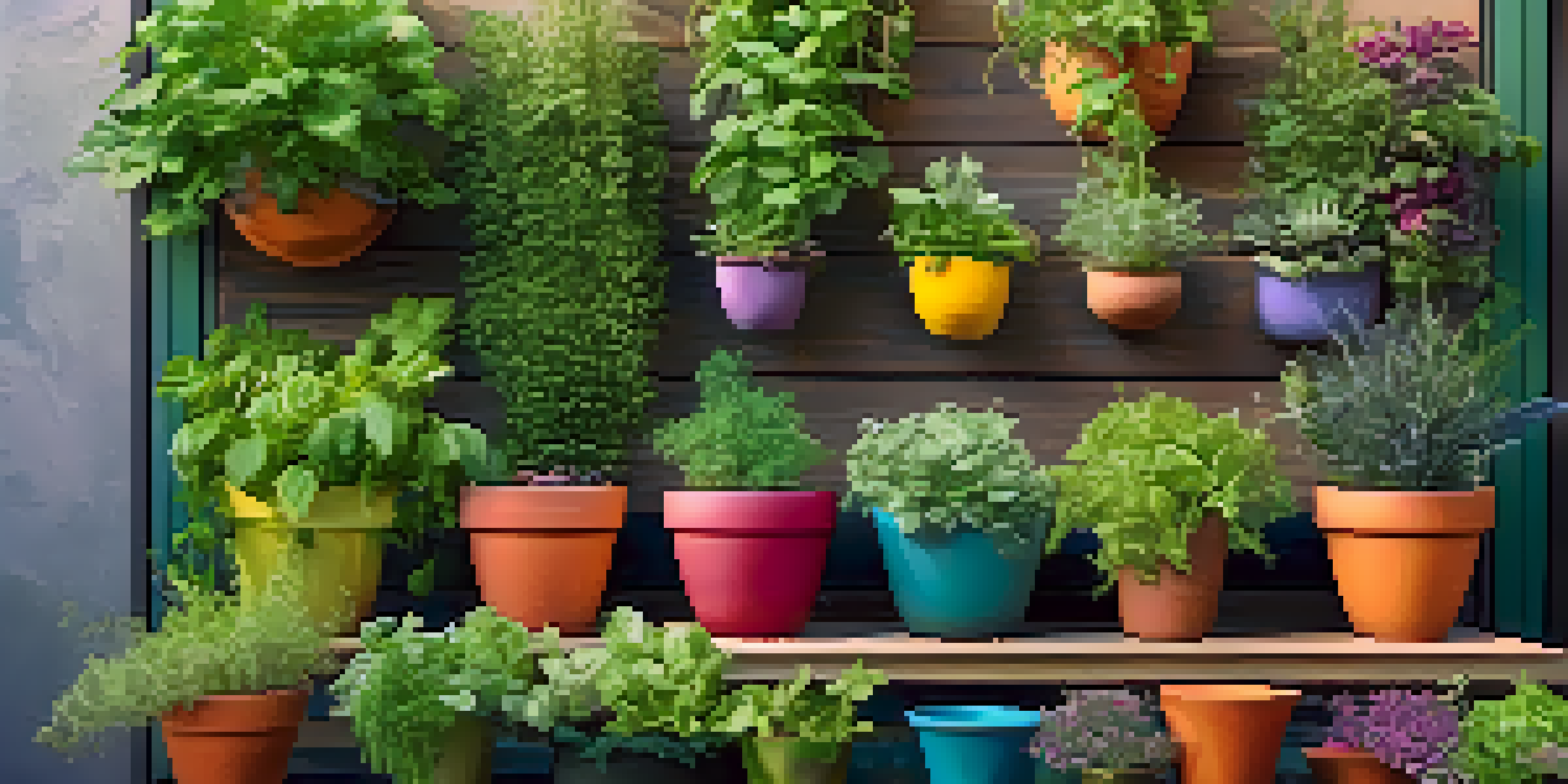 A colorful vertical garden with herbs and greens in wall-mounted planters, illuminated by sunlight, and a gardener harvesting herbs.