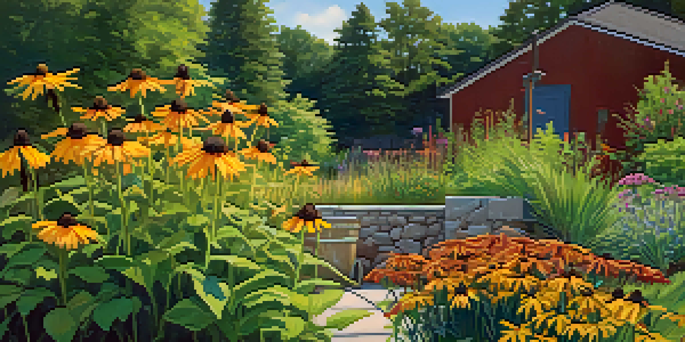 A colorful garden filled with native plants like coneflowers and black-eyed Susans under a sunny blue sky, with a rain barrel and a bioswale visible.