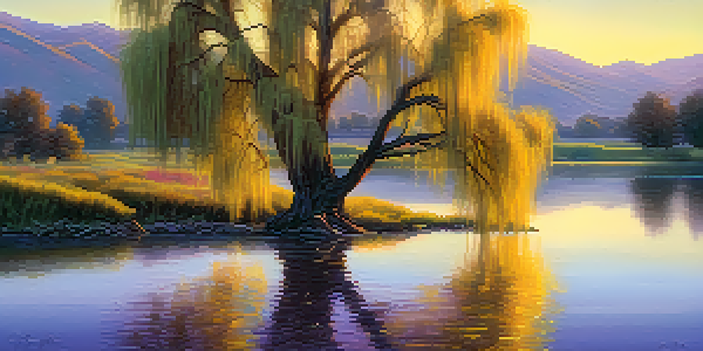 A willow tree by a calm lake during sunset, with its branches reflecting on the water and colorful wildflowers nearby.