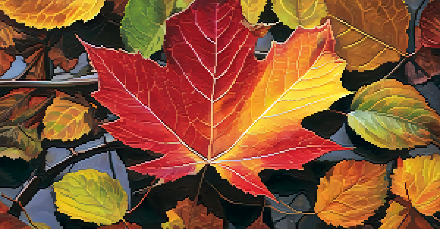 A close-up of a colorful deciduous leaf with intricate details surrounded by other autumn leaves.