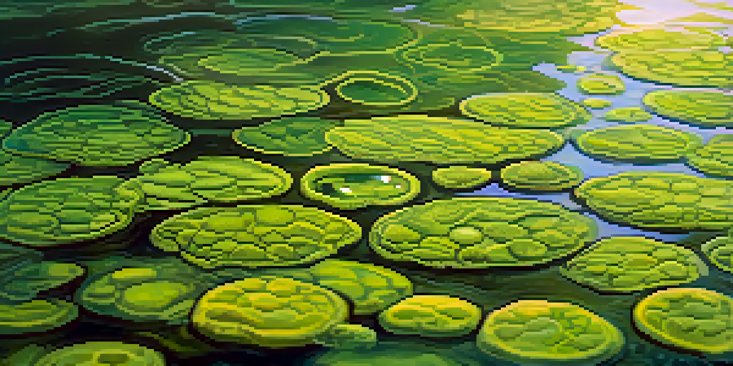A detailed close-up of green algae in clear water, with sunlight filtering and creating reflections.