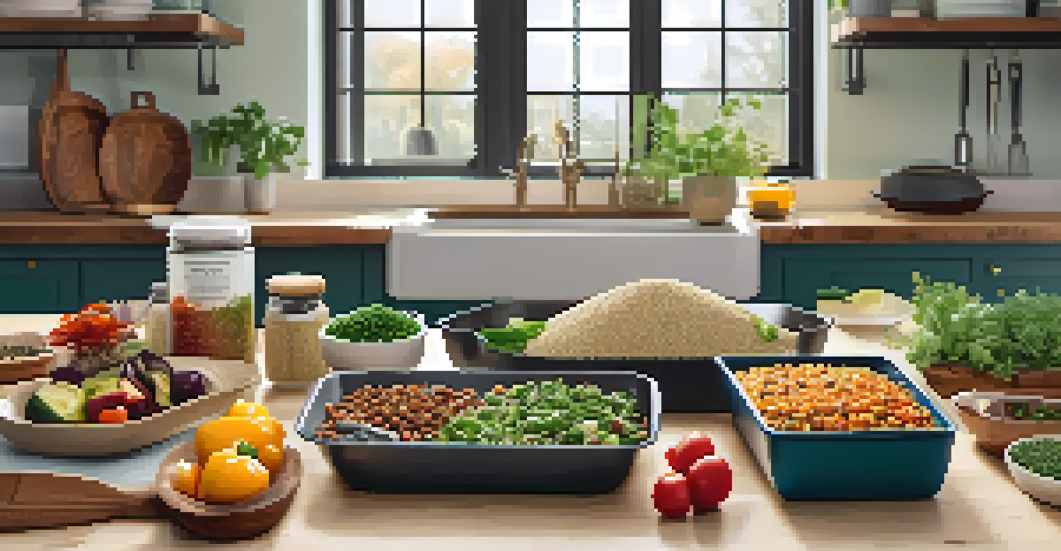 Neatly organized containers of plant-based meals on a kitchen counter, with fresh ingredients in the background.
