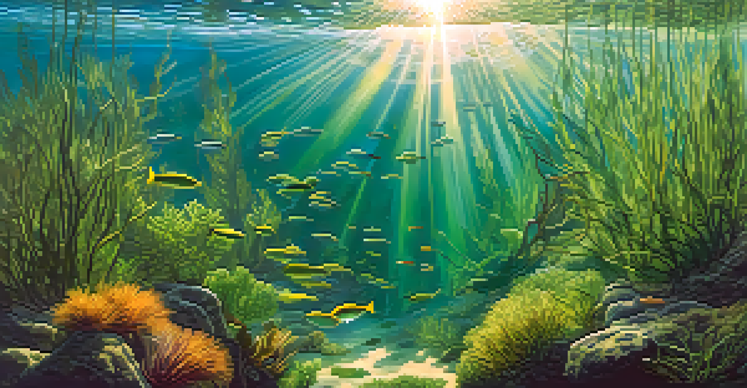 An underwater scene displaying submerged plants and small fish, with sunlight filtering through the water.