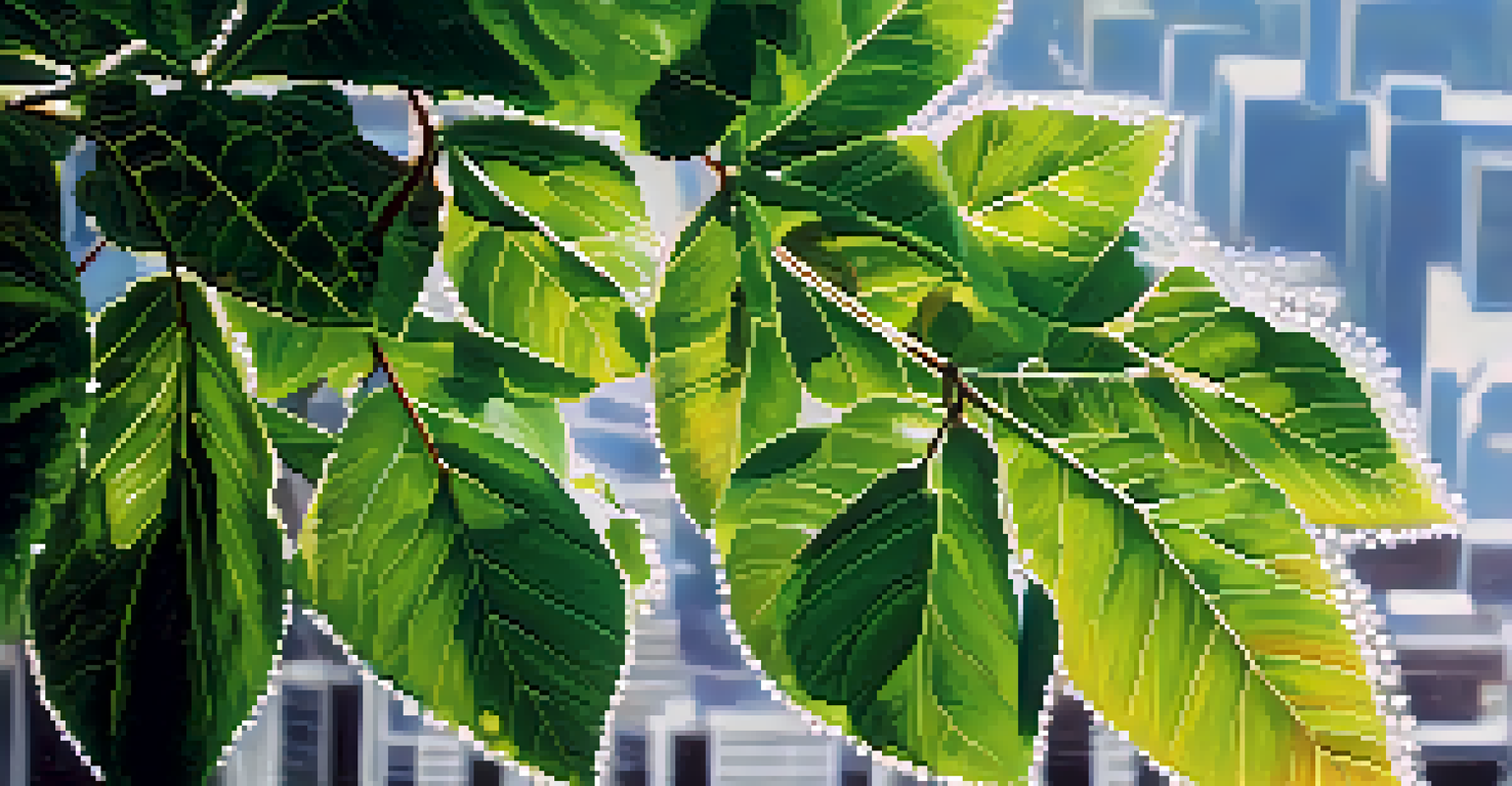 Close-up of dew-covered tree leaves with a blurred city background, showcasing the contrast between nature and urban life.