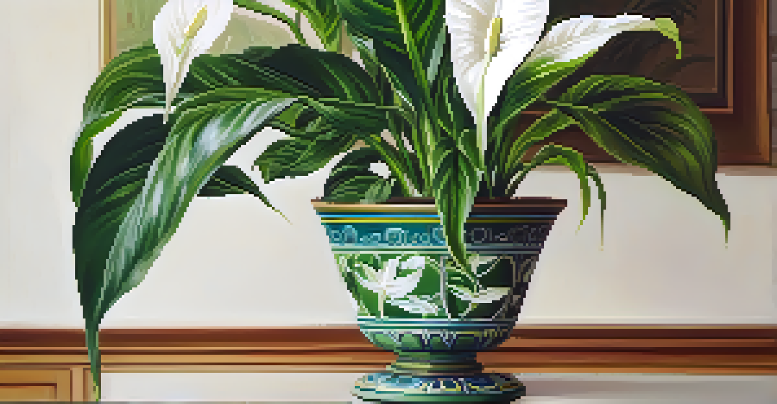 A close-up of a peace lily with green leaves and white flowers in a decorative pot, set against a blurred background.