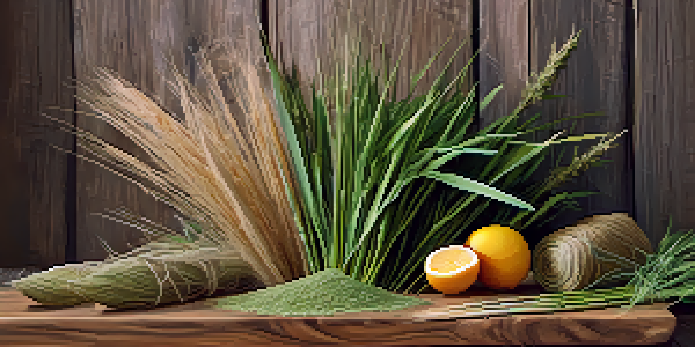 A close-up view of different plant fibers like hemp, bamboo, and flax on a wooden table, highlighting their textures and colors.