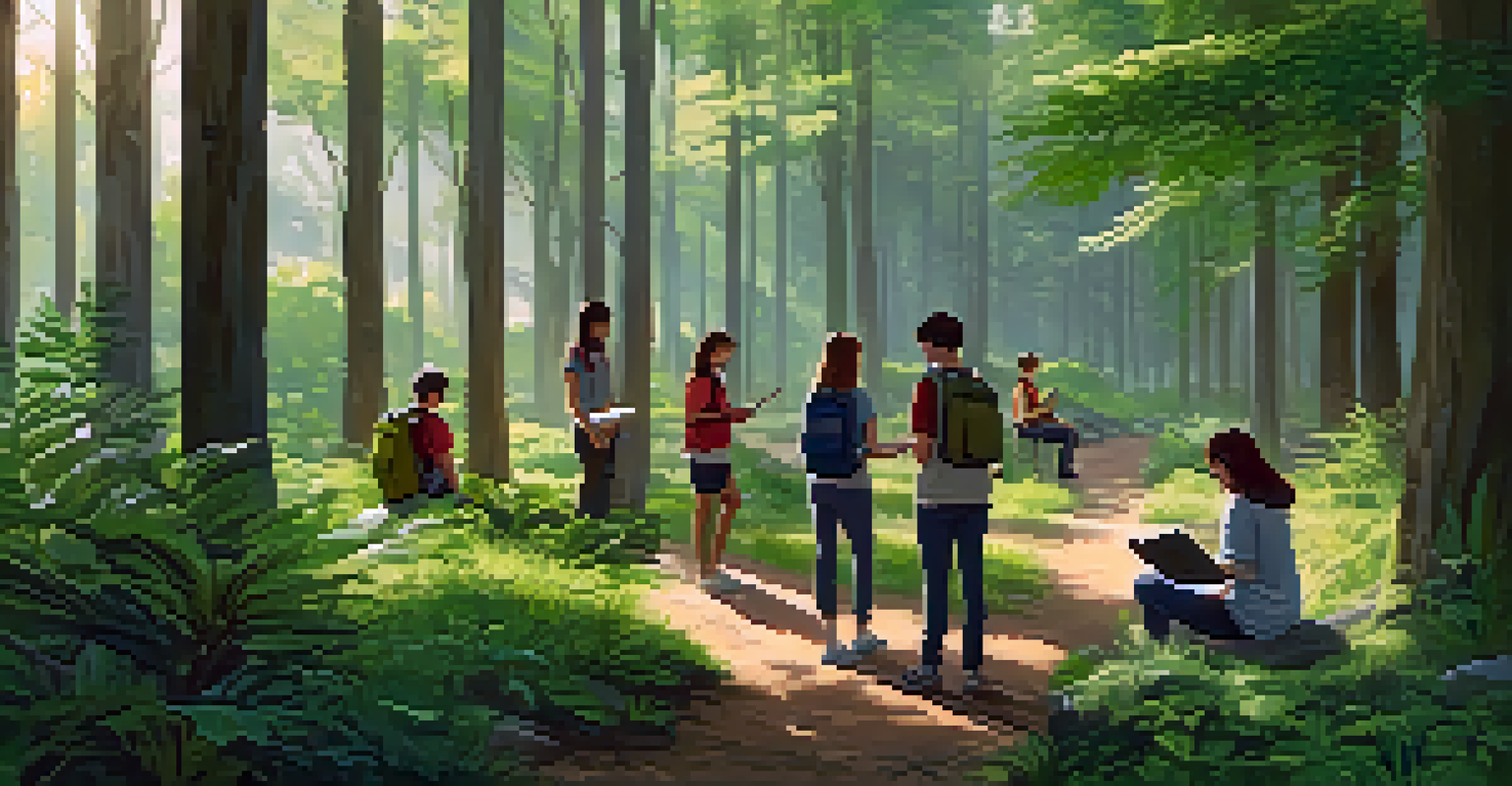 Students on a nature walk, observing and sketching different plant species in a lush forest.