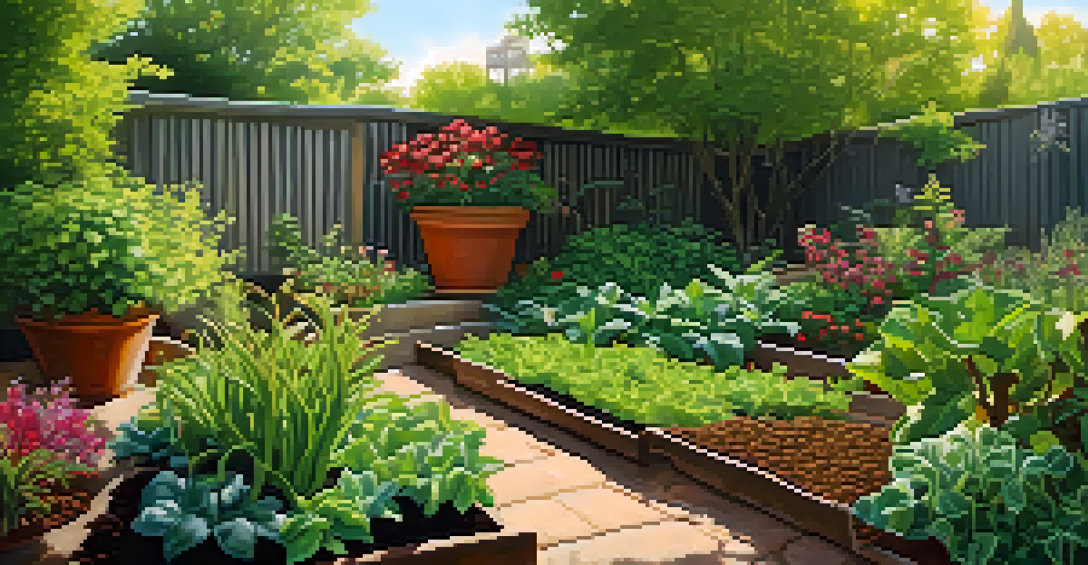 A vibrant garden with healthy plants thriving in rich soil, as a gardener adds compost, under bright sunlight.