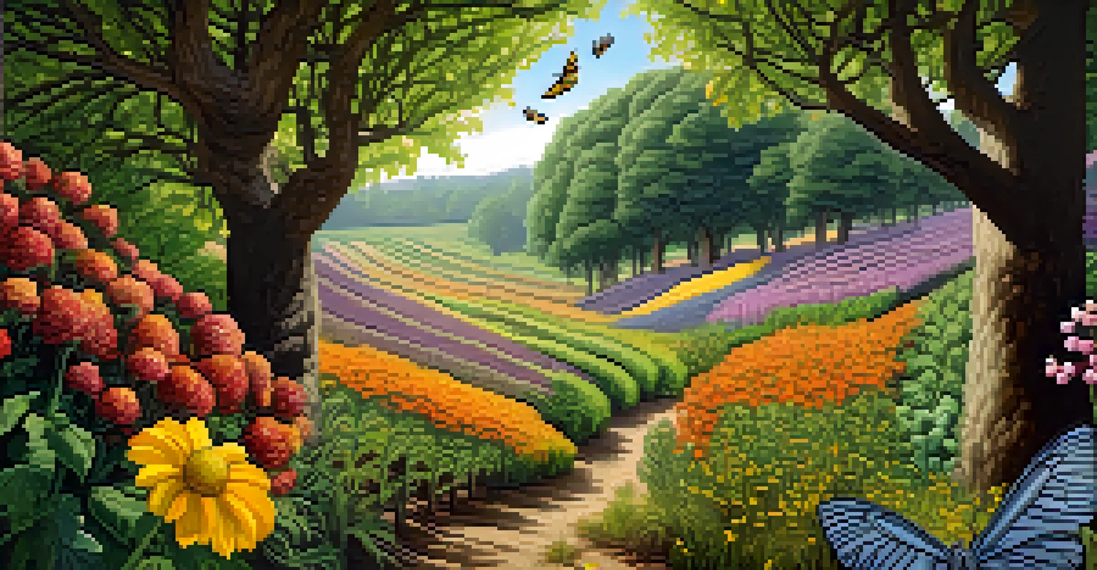 Close-up of flowering trees and vegetable crops with bees and butterflies, highlighting biodiversity.