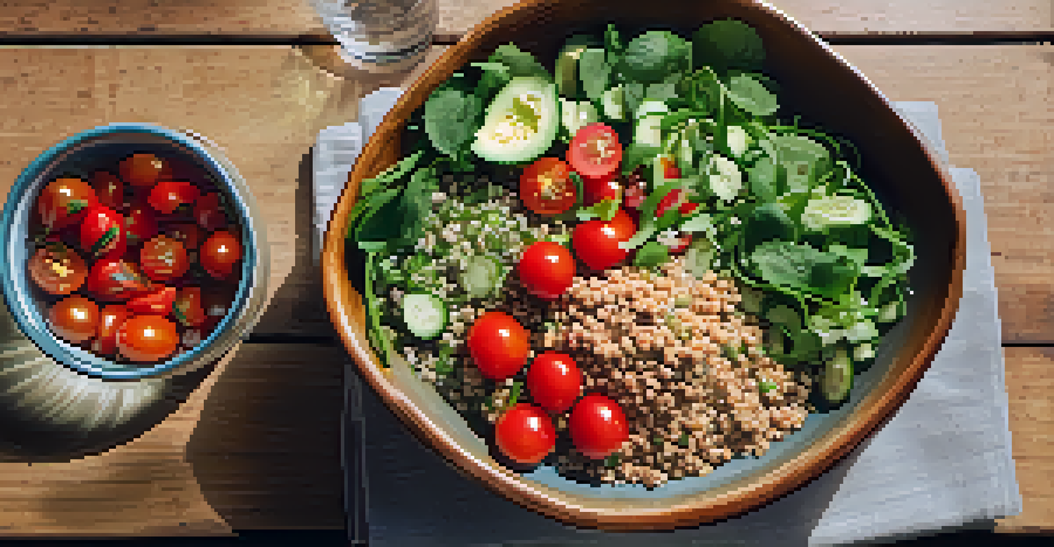 An overhead view of a healthy plant-based meal with a colorful salad, quinoa, and infused water on a rustic table.
