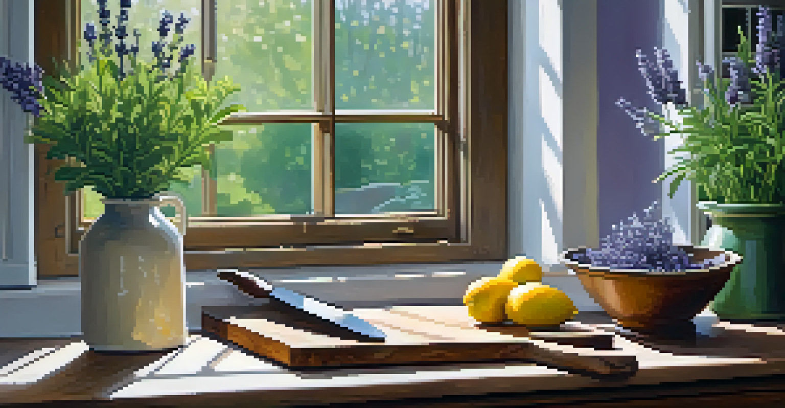 An inviting kitchen with herbs on the windowsill and a rustic wooden cutting board.