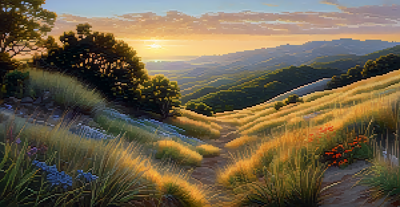 A hillside featuring native grasses and wildflowers, highlighting the visible roots and bathed in golden hour light.