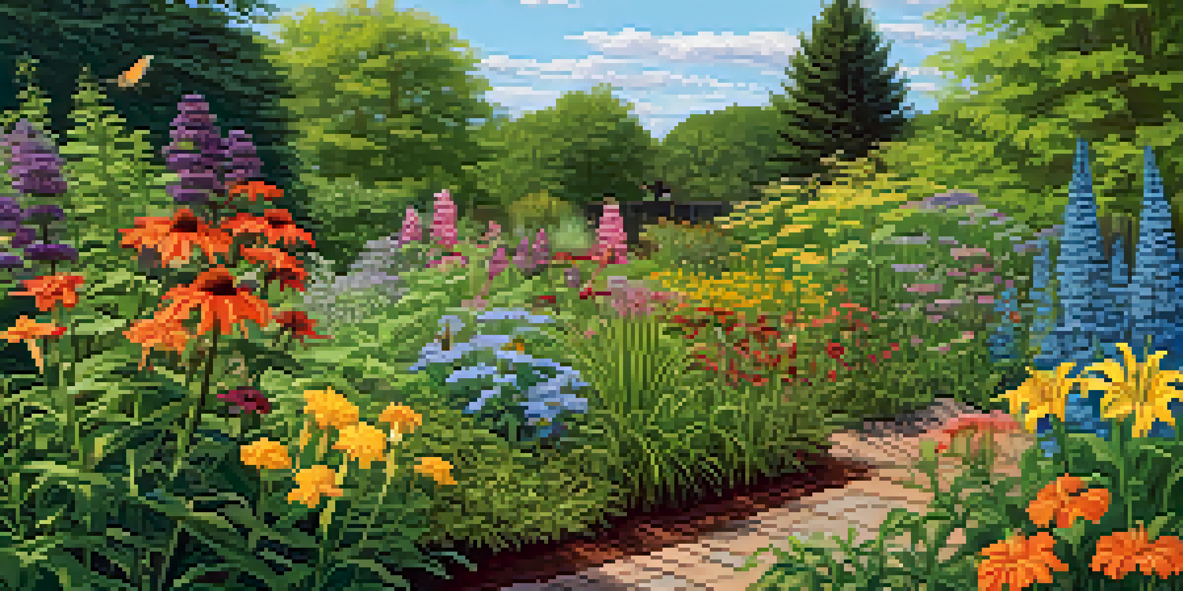 A colorful garden showcasing various perennials, attracting bees and butterflies, under a clear blue sky.