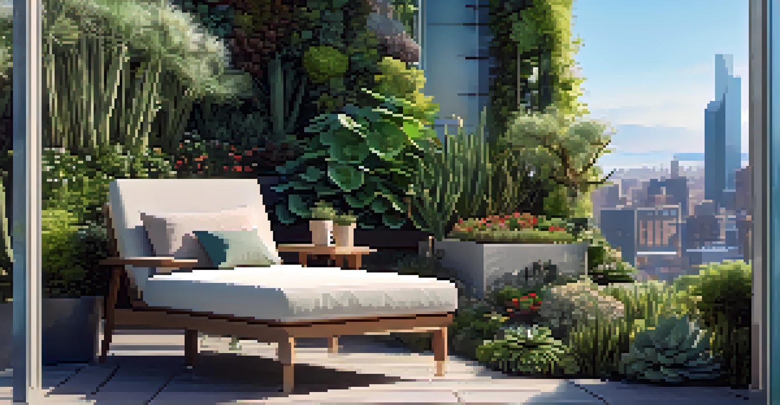 A green rooftop garden with various plants and a person reading on a lounge chair, overlooking a city skyline on a clear day.