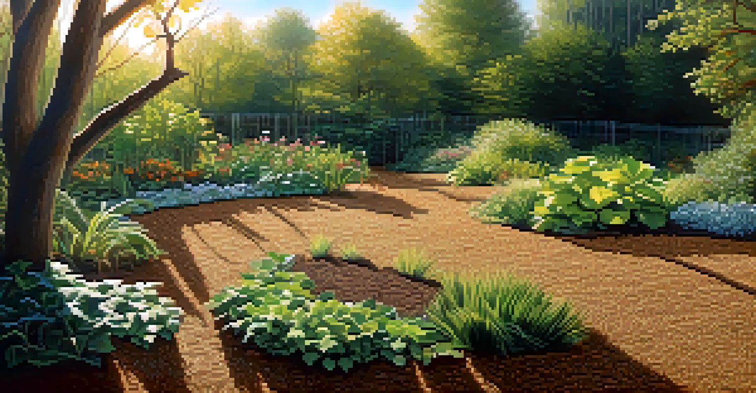 A calm garden scene featuring a layer of organic mulch protecting young plants, with sunlight filtering through tree leaves.