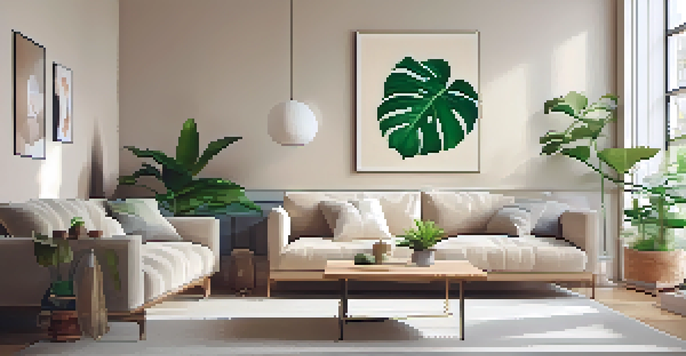 A cozy living room with a large monstera plant, warm light, beige sofa, and wooden coffee table with succulents.