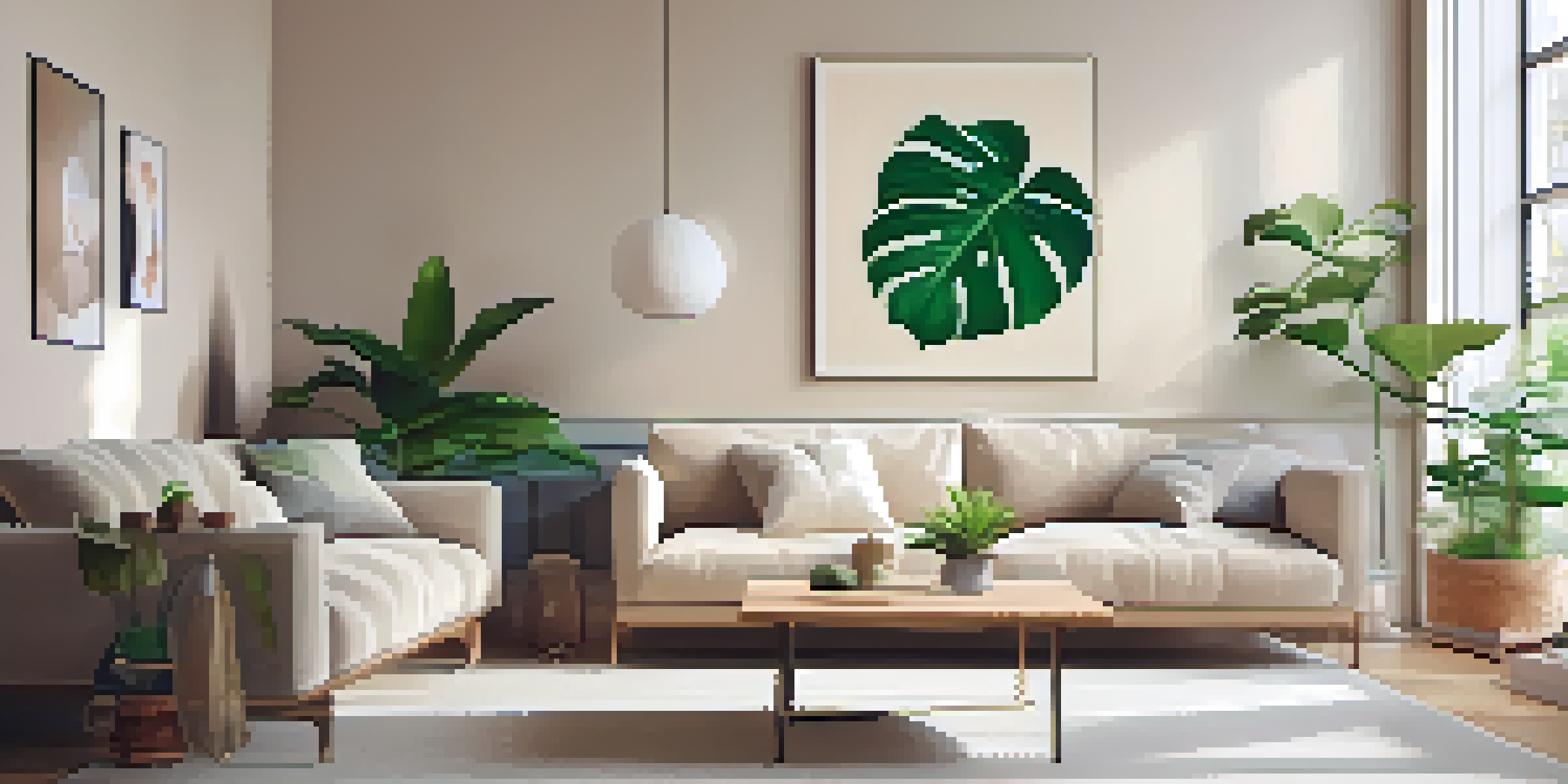 A cozy living room with a large monstera plant, warm light, beige sofa, and wooden coffee table with succulents.