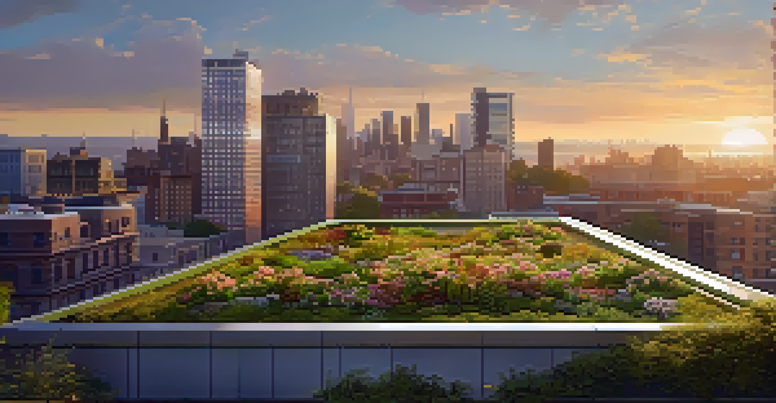 A green roof adorned with plants and flowers, overlooking a city skyline during a sunset, showcasing innovative urban architecture.