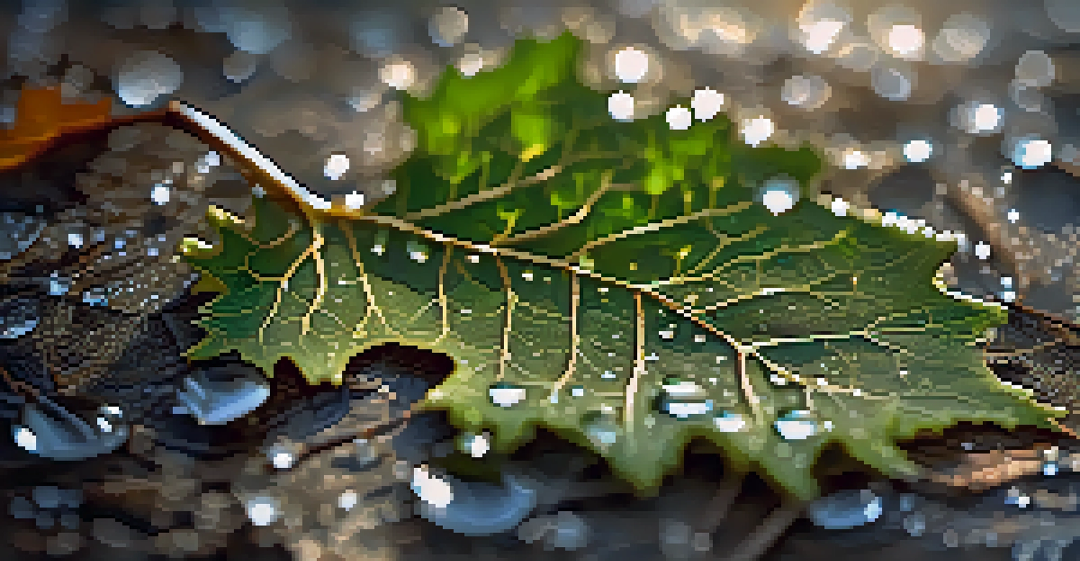 A close-up of an oak leaf with dew drops, showcasing its intricate veins.