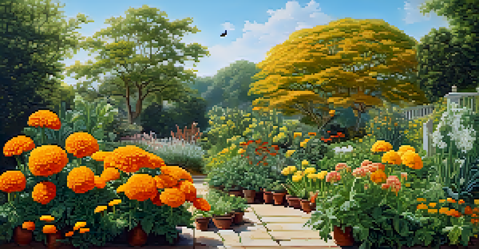 A vibrant garden filled with flowering plants and beneficial insects under a bright blue sky.